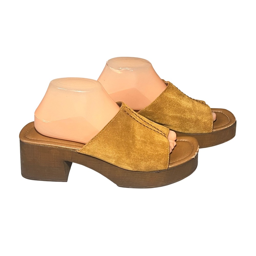 Seychelles Tan Suede Platform Slide Sandals Wood Heel Made in Italy Size 10